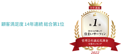 2022年スタイルアクト「住まいサーフィン」によるマンション入居者の管理満足度調査　顧客満足度 14年連続 総合第1位