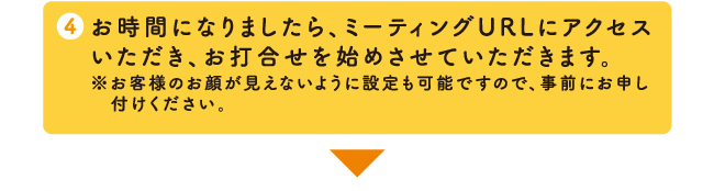 お時間になりましたら、ご案内のURLにアクセスいただき、お打合せを始めさせていただきます。