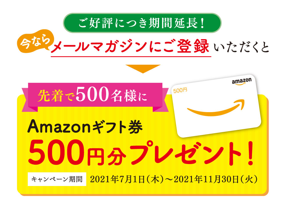メールマガジンにご登録いただくと先着500名様にAmazonギフト券500円分プレゼント！