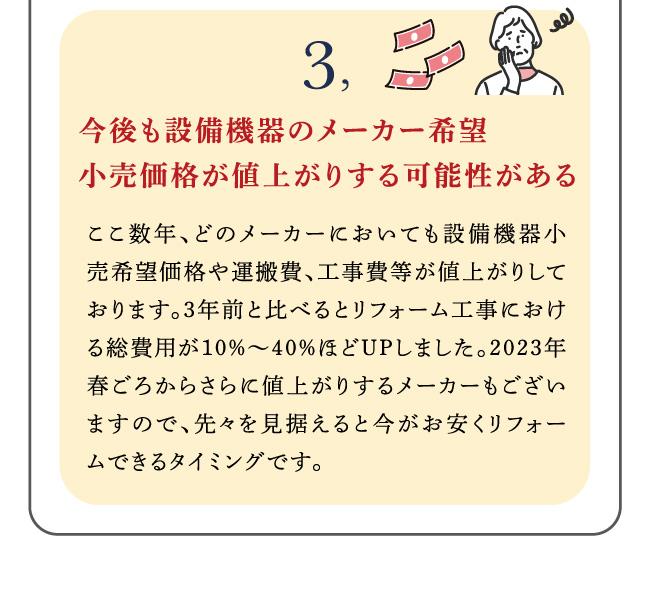 今後も設備機器のメーカー希望小売価格が値上がりする可能性がある