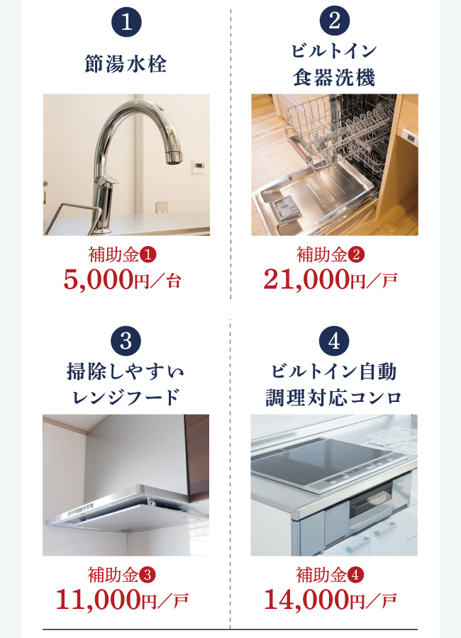 節湯水栓　ビルトイン食器洗機　掃除しやすいレンジフード　ビルトイン自動調理対応コンロ