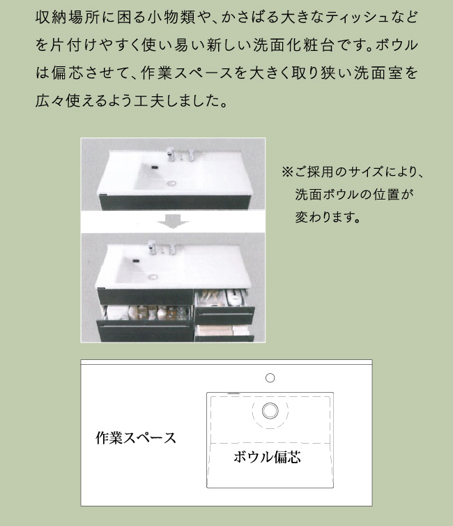 収納場所に困る小物類や、かさばる大きなティッシュなどを片付けやすく使い易い新しい洗面化粧台です。